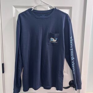Vineyard Vines Navy Long-Sleeve Pocket Tee with Light Blue Whale